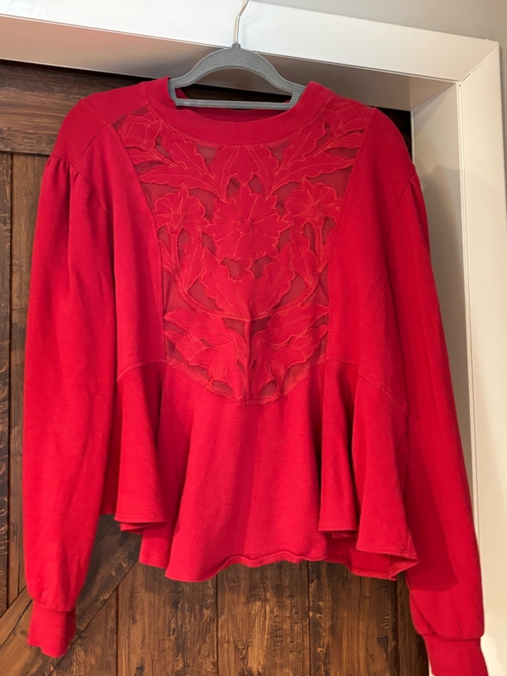 Anthropologie Red Floral Lace-Panel Peplum Sweatshirt